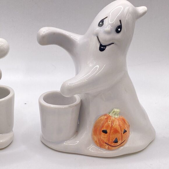 FITZ & FLOYD OMNIBUS Ghosts With Pumpkin CANDLE HOLDERS Vintage Set If 2! - Picture 3 of 6